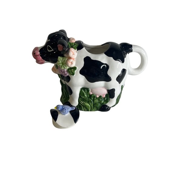 Vintage 1993 Wang's Ceramic Cow Teapot Black White Holstein Blue Bird on Back - Picture 5 of 6